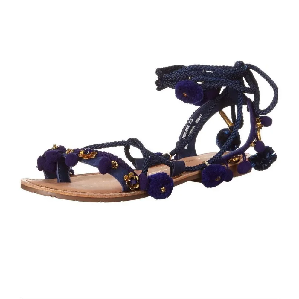 New Chinese laundry blue indigo suede pom Pom Portia gladiator sandals size 7.5